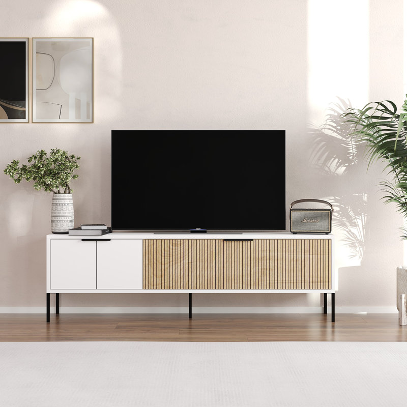 Modern TV Stand with Wall-Mount Option, White & Rattan Finish, 59.1 x 17.7 x 11.8 inches | 100% Melamine Coated Particle Board, Thickness: 0.7 inches | Scandinavian Geometric Design, Stylish & Functional Home Entertainment Center