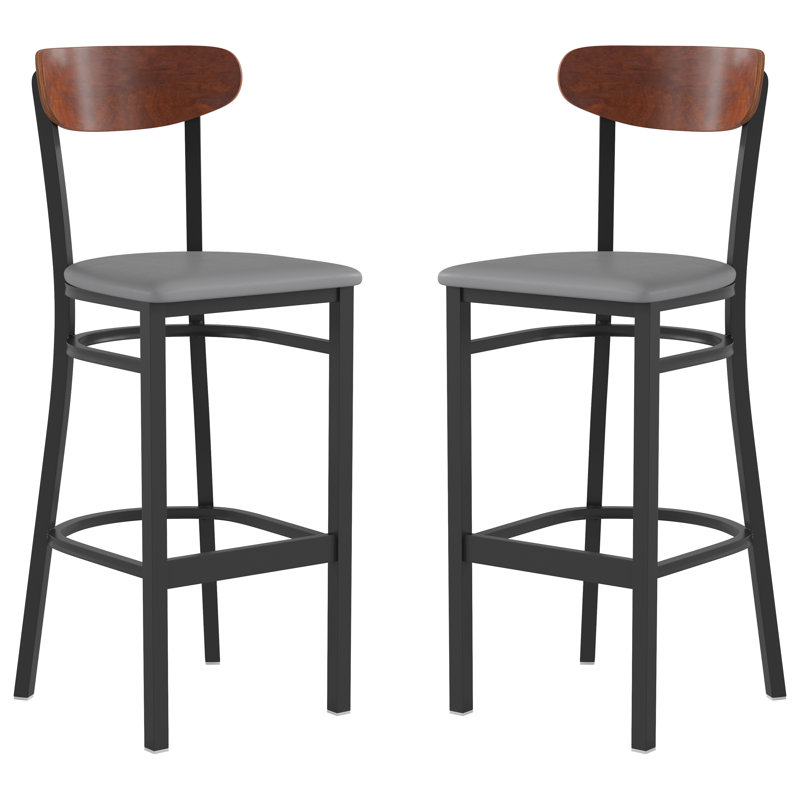 Everlena Commercial Metal Barstool with Wood Seat and Boomerang Back, Walnut, Gray