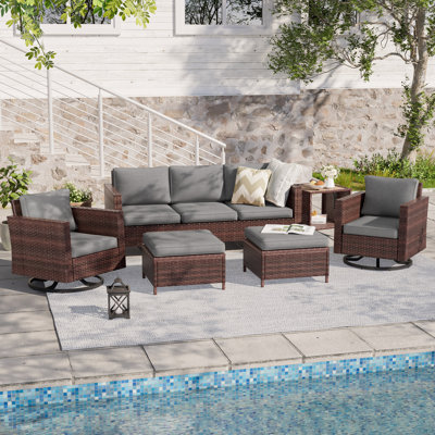 6-Set Outdoor Brown PE Wicker Furniture Wide Seat Conversation Couch Set Swivel Rocking Sofa Design for Lawn, Patio and Porch