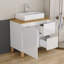 Meuble-lavabo moderne de 80 cm avec lavabo intégré, 1 porte et 2 grands tiroirs, système de fermeture amortie, design sans poignées, plateau et pieds en bois massif naturel, lavabo rond en céramique sur le comptoir, blanc lustré-837923037