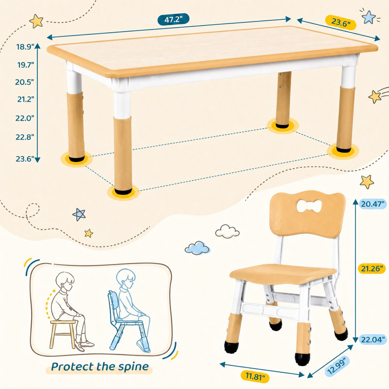 Kids Table and 6 Chairs Set, Height Adjustable Graffiti Desk, Preschool Activity Art Craft Table, for Daycare Classroom Home Boys and Girls Age 3-12 (Beige)