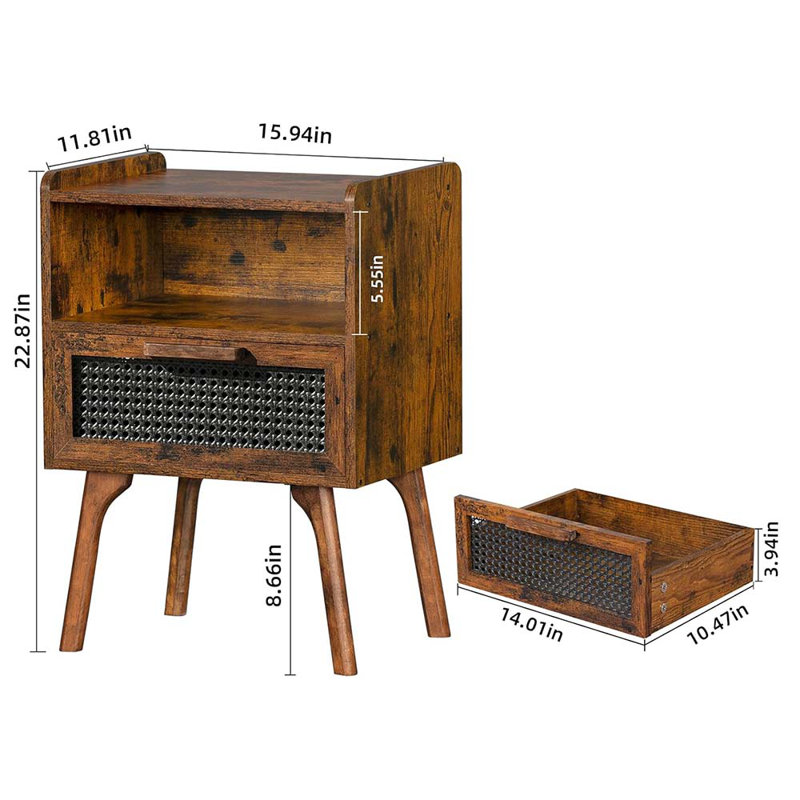 Boho Side Table With Drawer Open Shelf, Cane Accent Bedside End Table With Solid Wood Legs For Bedroom, Dorm And Small Spaces