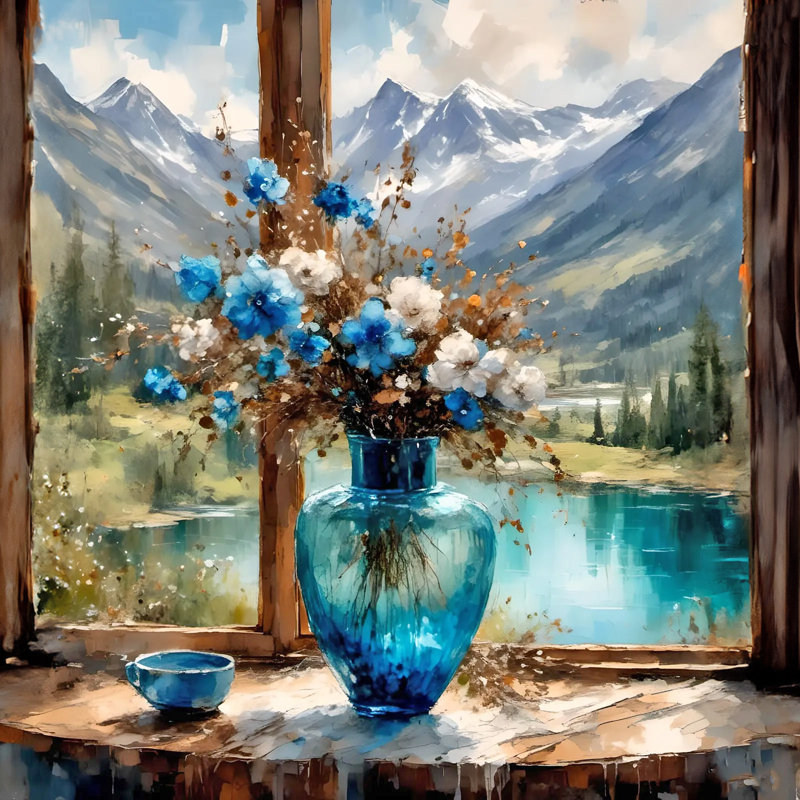Vue sur la montagne avec arrangement floral bleu dans un vase en verre, art mural, H 12 po x l 12 po x P 1 po