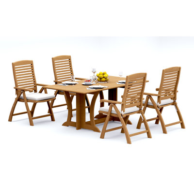 4 Seats 5 Pcs Grade-A Teak Wood Dining Set: Warwick Console Folding Rectangle Table And 4 Ashely Folding Reclining Arm Chairs #11AS1504