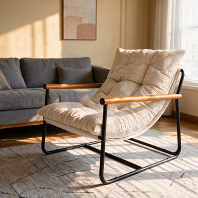 Fauteuil d'appoint moderne en boucle avec accoudoirs en bois et structure métallique robuste, fauteuil de lecture confortable en sherpa rembourré, fauteuil lounge moderne du milieu du siècle avec coussin moelleux pour salon, chambre, balcon ou véranda