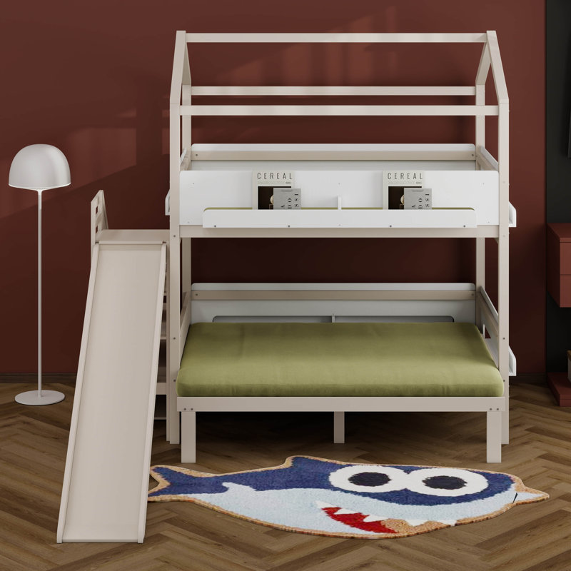Lit superposé avec glissière et escalier de rangement, cadre de lit en bois, conception de maison avec garde-corps et tablettes