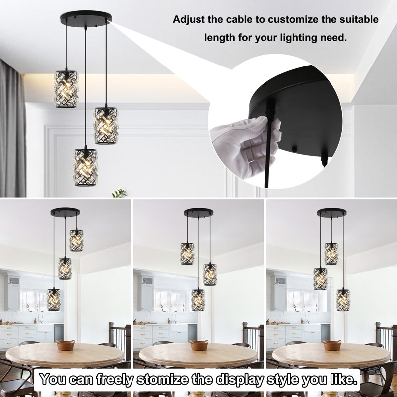 3 - Light 12 inch Modern Round Crystal Chandelier Adjustable Hanging Pendant Light Fixture for Dining Room