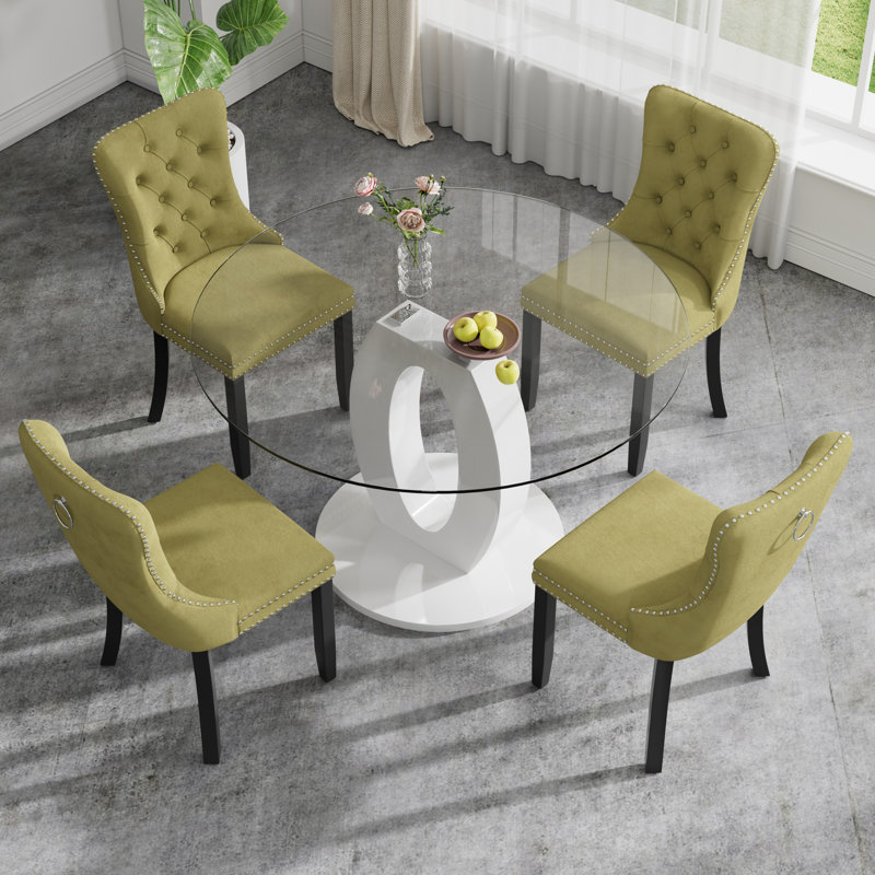 High Gloss Round Dining Table Set with 4 Velvet Dining Chairs, Olive Green/Black