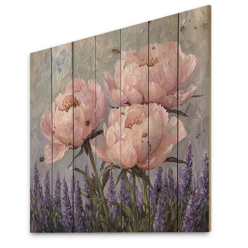 Peonies In The Lavender Garden I - Peonies Wood Wall Decor - On Natural Pine Wood, 25" H x 25" W x 0.78" D