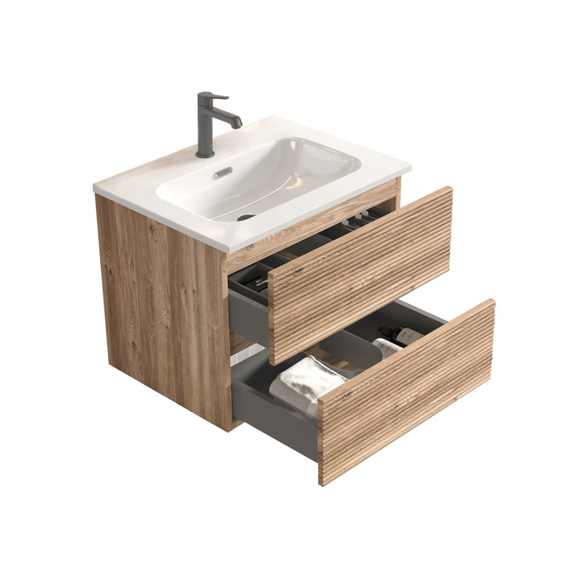 Meuble-lavabo mural en chêne brut 24 po avec évier intégré en céramique Gloria, tiroirs à fermeture en douceur Dtc, conception flottante peu encombrante
