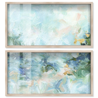 Brume matinale - Ensemble de décoration murale sous cadre Ira Colmeva, couleur sauge, par Art Remedy, cadre blond, 44 x 22