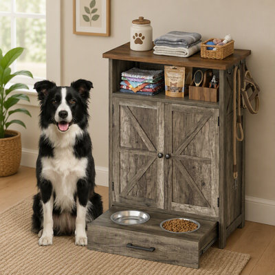 Station d'alimentation pour chiens avec armoire de rangement et 2 bols pour chiens