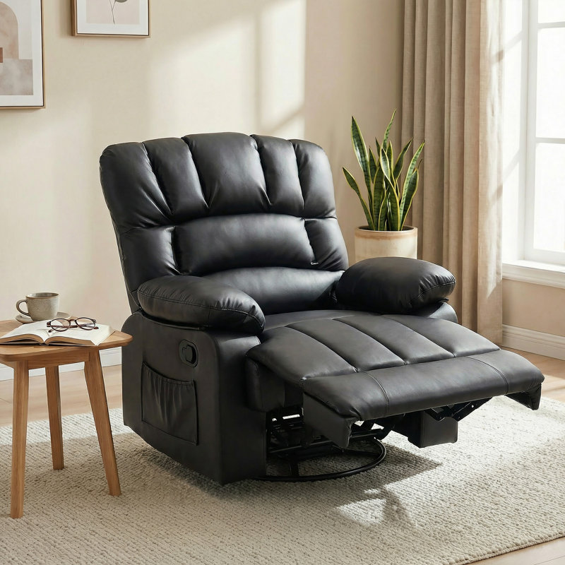 Breasha 39.7" Wide Transitional PU Swivel Rocker Manual Recliner, Black Polyurethane