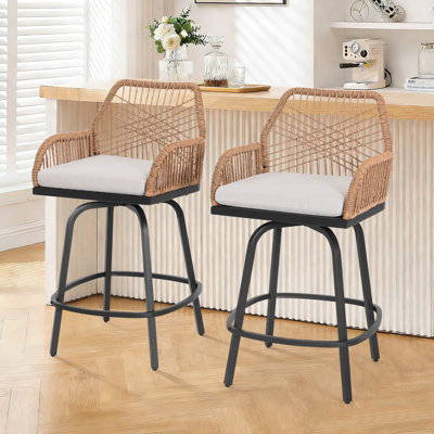 2-piece Twisted Rattan Patio Bar Stools Set With Cushions, Swivel Design by Dakota Fields