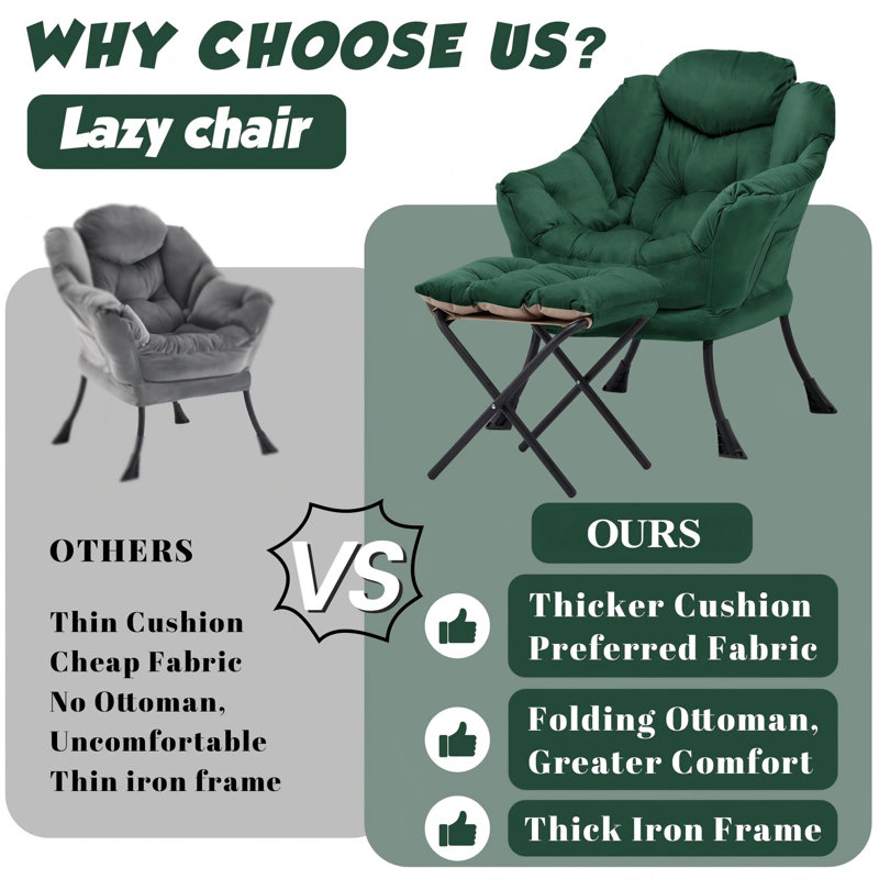 Lazy Chair with Ottoman, Modern Lounge Accent Chair with Armrests and a Side Pocket, Leisure Sofa Armchair, Reading Armchair with Footrest for Small Space, Green
