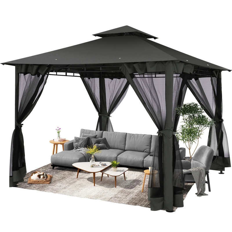 120'' D Gazebo with Improved Cold-Proof Curtains Nettings Winter Gazebos on Clearance Heavy Duty Gazebo Double Roof with Metal Frame Gazebo Tent for Patio, Deck (Frame Thickened)