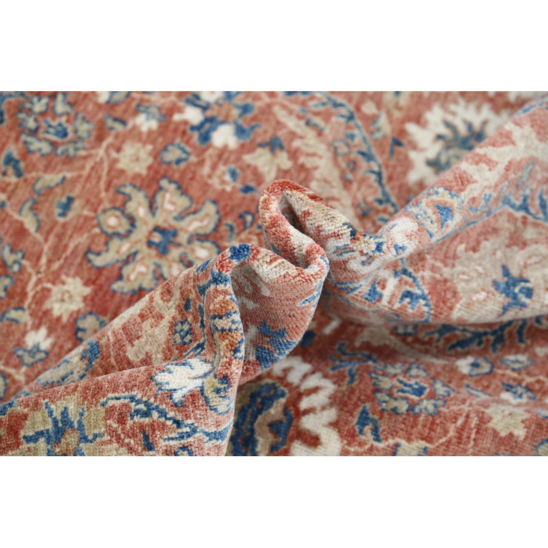Tapis rouge / bleu marine / beige en laine noué à la main 6,6 x 9,6 pi