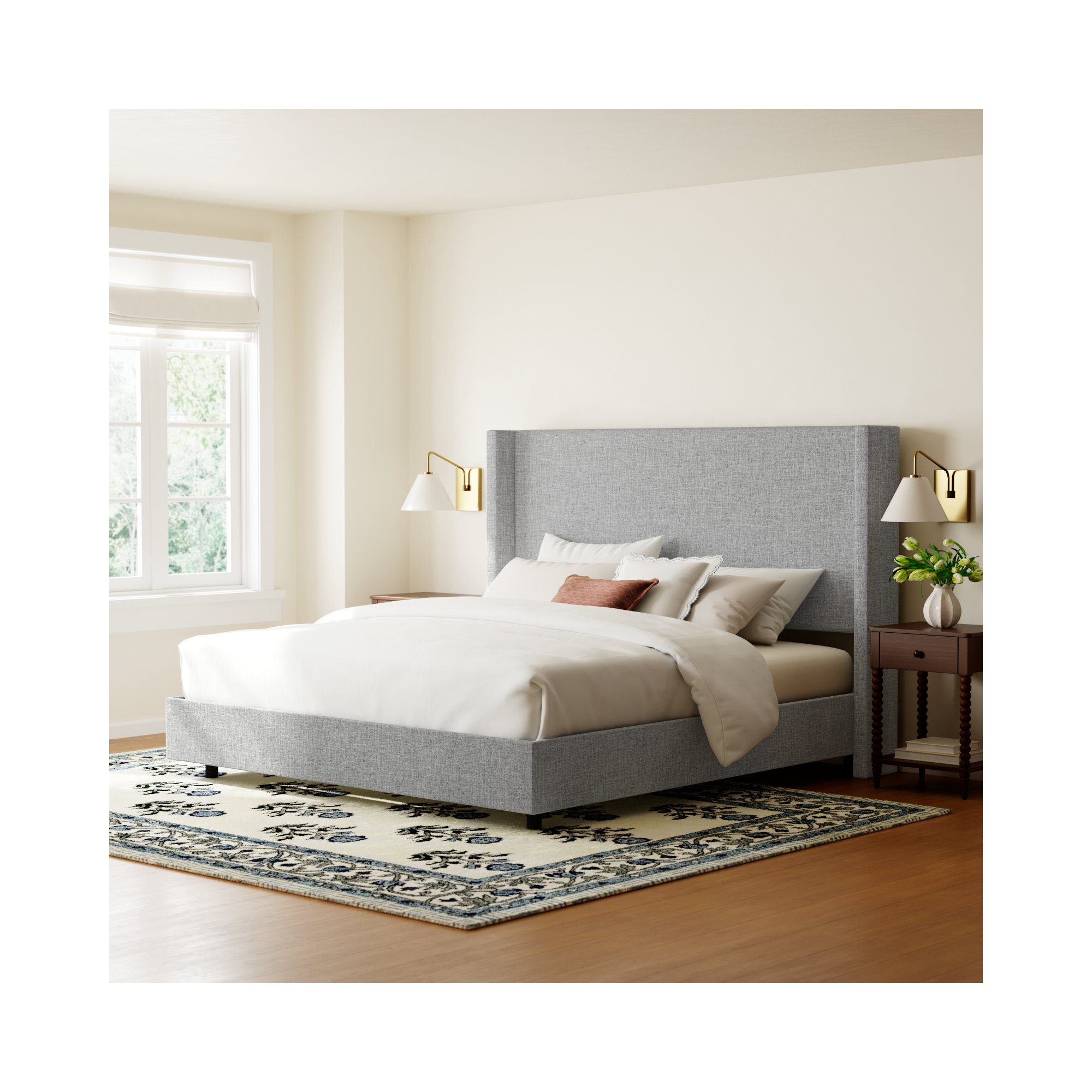 Hanson Upholstered Wingback Bed, Queen, Zuma Pumice Textured Linen