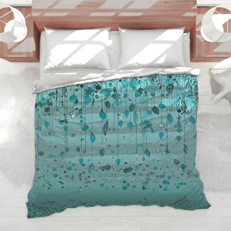 Édredon naturel à motif de feuilles Boho Boho, Édredon simple, Bleu floral / abstrait