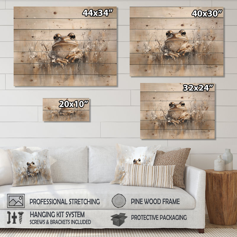 Minimal Frog par l'étang II - impression moderne en bois gris sur bois de pin naturel, H 24 po x l 32 po