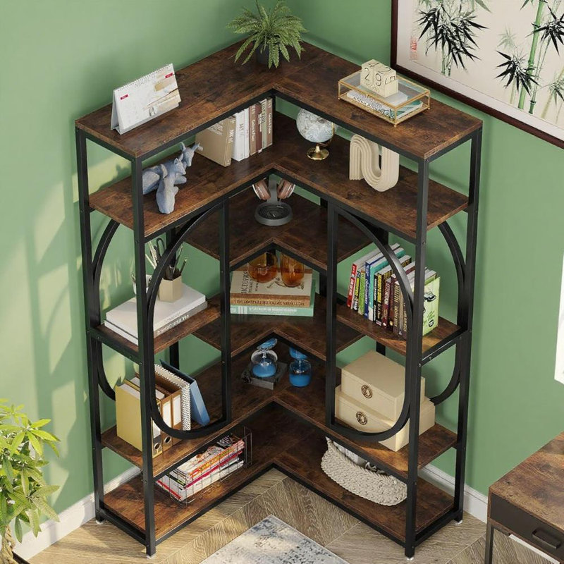 7-Tier Corner Bookcase Particleboard 1 Piece Corner Bookcase Red Versatile Design
