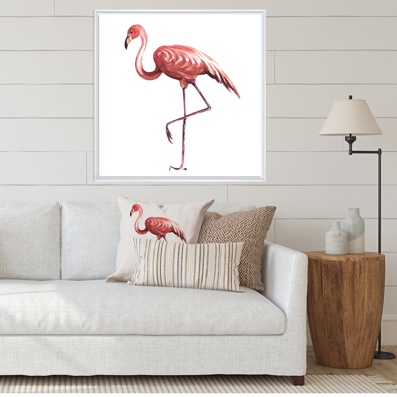 Flamant rose sur une patte - reproduction sur toile, H 36 po x l 36 po x P 1,5 po, Cadre flottant blanc