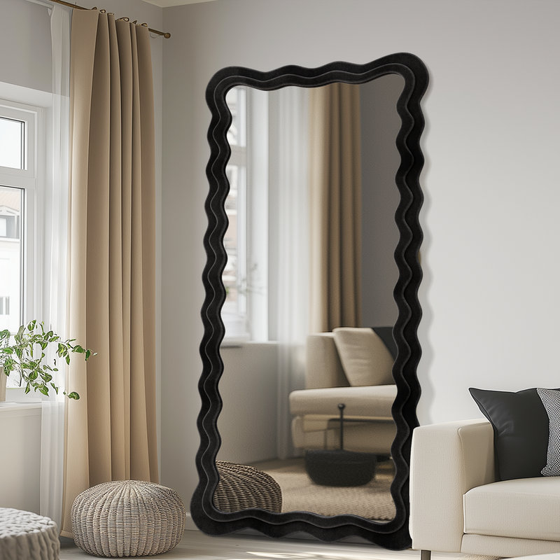 Irregular Wavy Mirror, Large Floor Standing Mirrors Wall Mounted with Flannel Wrapped Frame for Bedroom & Living Room, Black