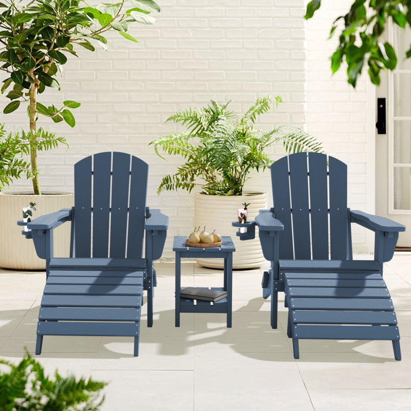 Dalson 5-Piece Plastic Adirondack Chair with Side Table and Ottomans, Navy
