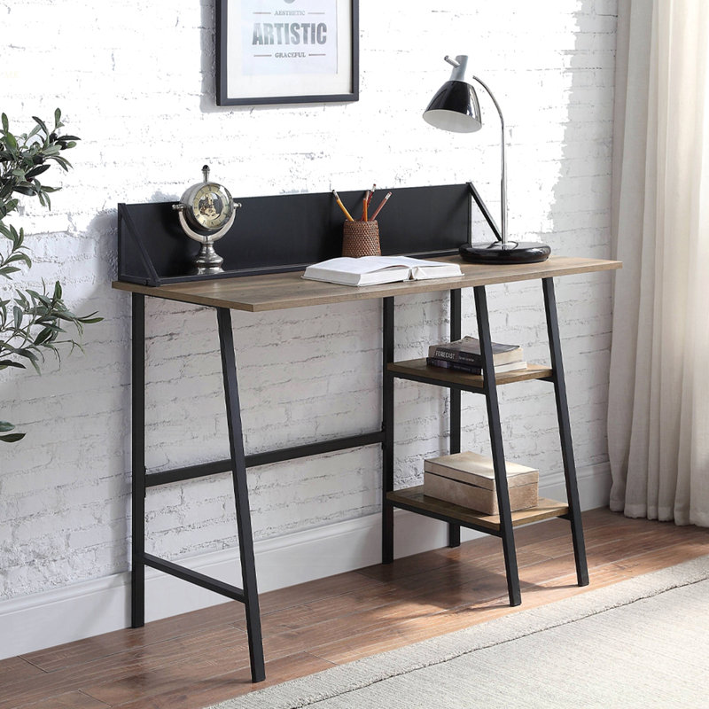 Rustic Oak And Black 2-Shelf Writing Desk With H-Shaped Base