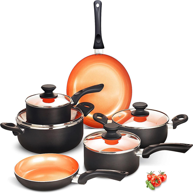 10-Piece Copper and Black Non-Stick Cookware Set with Wooden Handles