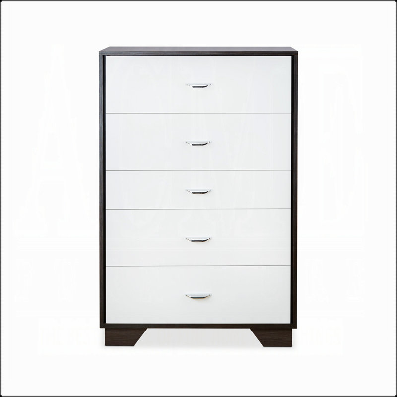 Commode blanche et espresso à 5 tiroirs avec rangement spacieux, fabrication durable et design élégant pour les chambres modernes.