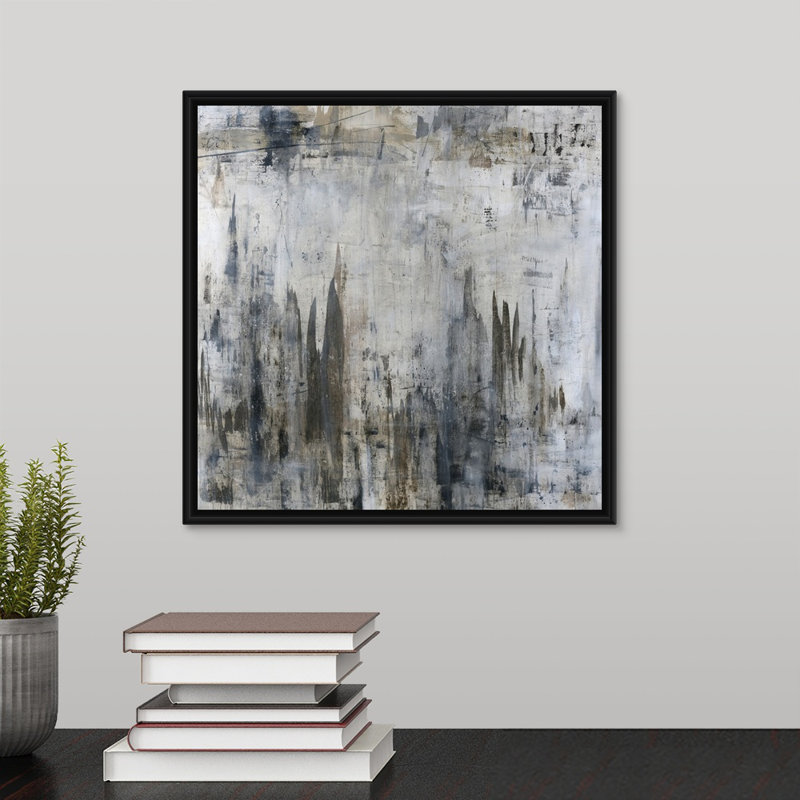 « ghost city », peinture sur toile, H 13,7 po x l 13,7 po x p 1,75 po, Cadre flottant noir