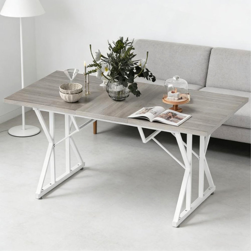 Table de cuisine extensible de style nordique, table de salle à manger extensible, avec base en tréteaux robuste, Blanc, Gris