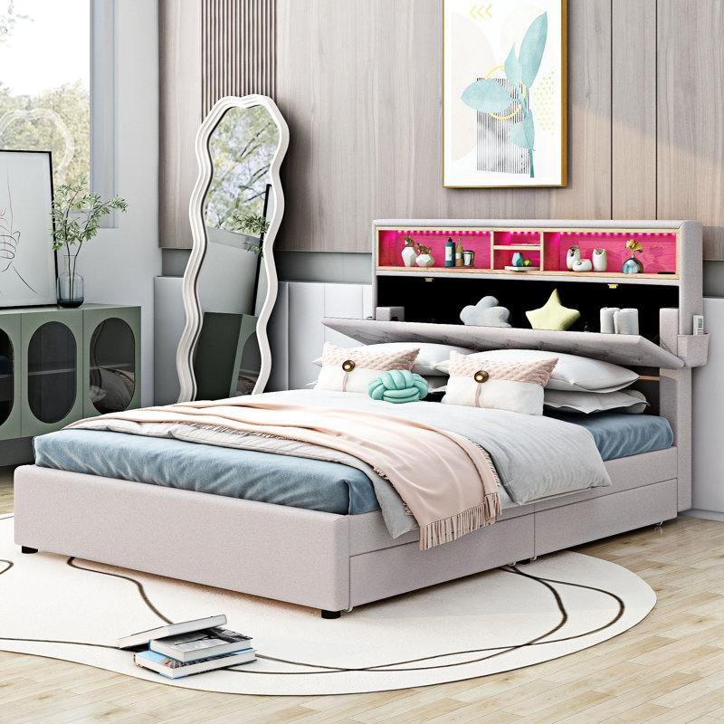 Lit plateforme avec rangement Emoni, Double, Beige