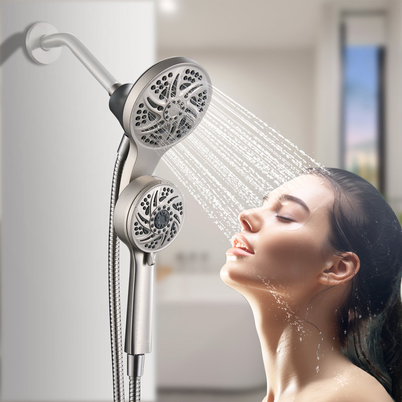 Pomme de douche 2 en 1 double, pomme de douche ronde détachable à 6 jets, Nickel brossé