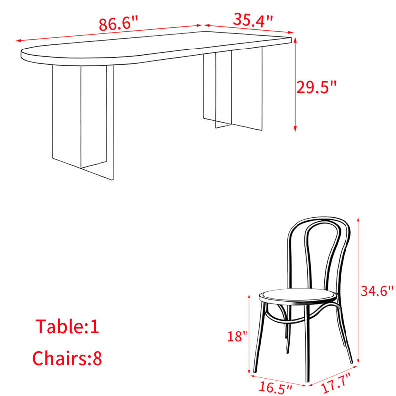 Ensemble de table à manger moderne simple en bois massif acrylique, H 29,5 po x L 86,6 po x l 35,4 po