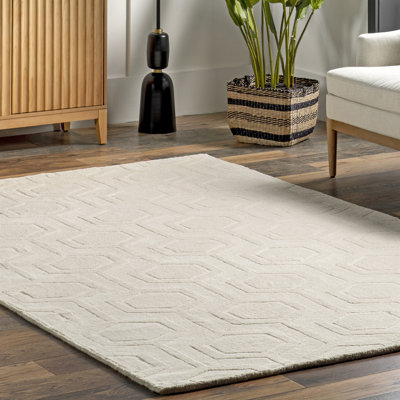 Tapis blanc cassé touffeté fabriqué à la main à motif géométrique Schuykill