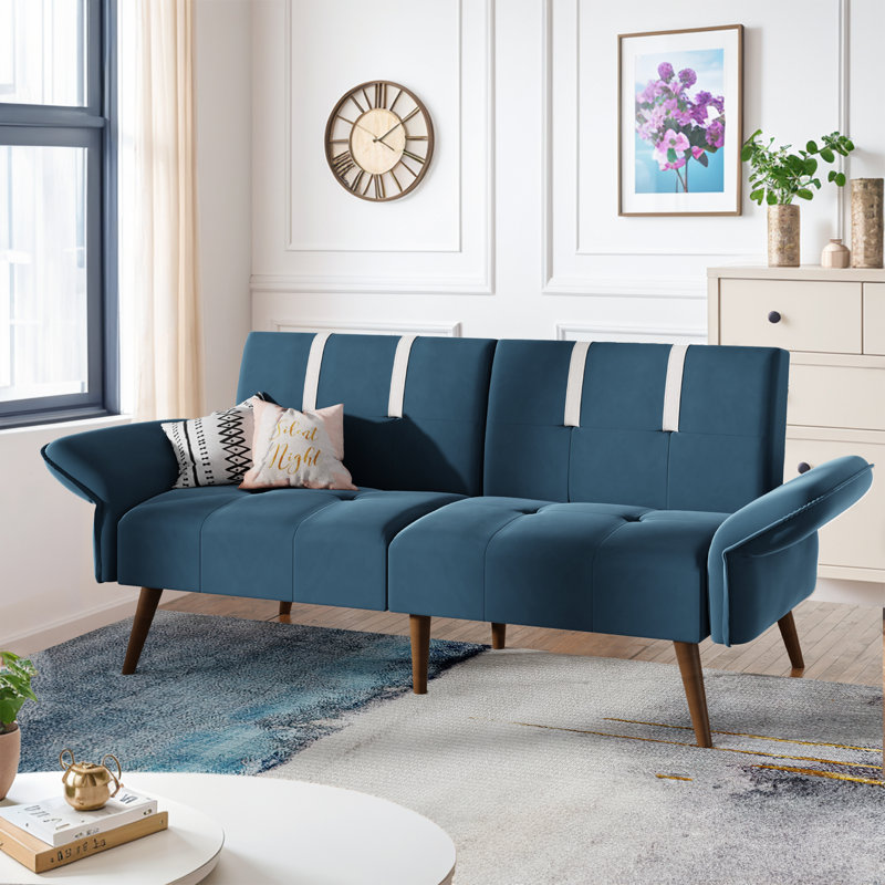 Canapé convertible en futon 69,69 po Brooksley, Bleu velours