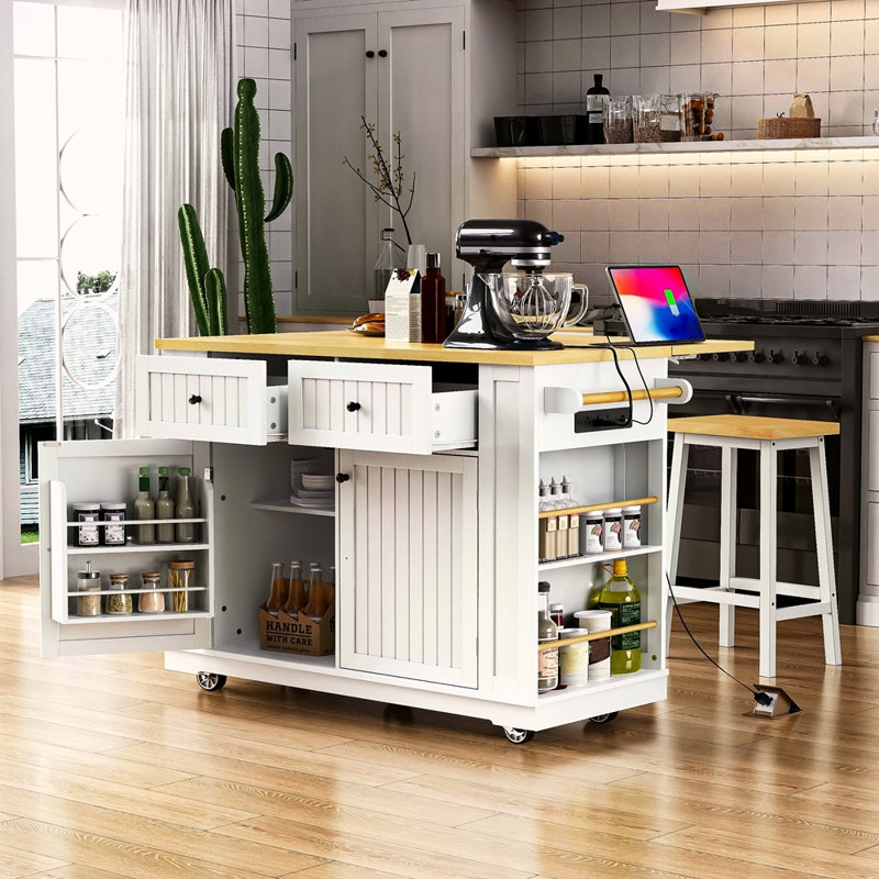48Inch Large Kitchen Island With 2 Bar Stools, Power Outlet, Door Internal Storage Rack, Kitchen Storage Cart On 5 Wheels With Drop Leaf, 5 Open Side Racks, 2 Drawers,For Kitchen,Dining Room