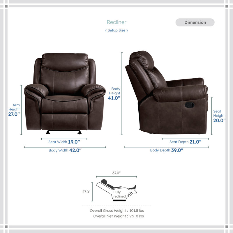 Bayshore 42" Modern & Contemporary Breathable Faux Leather Glider Reclining Chair with Gentle Gliding Motion & Tab Pull Recline