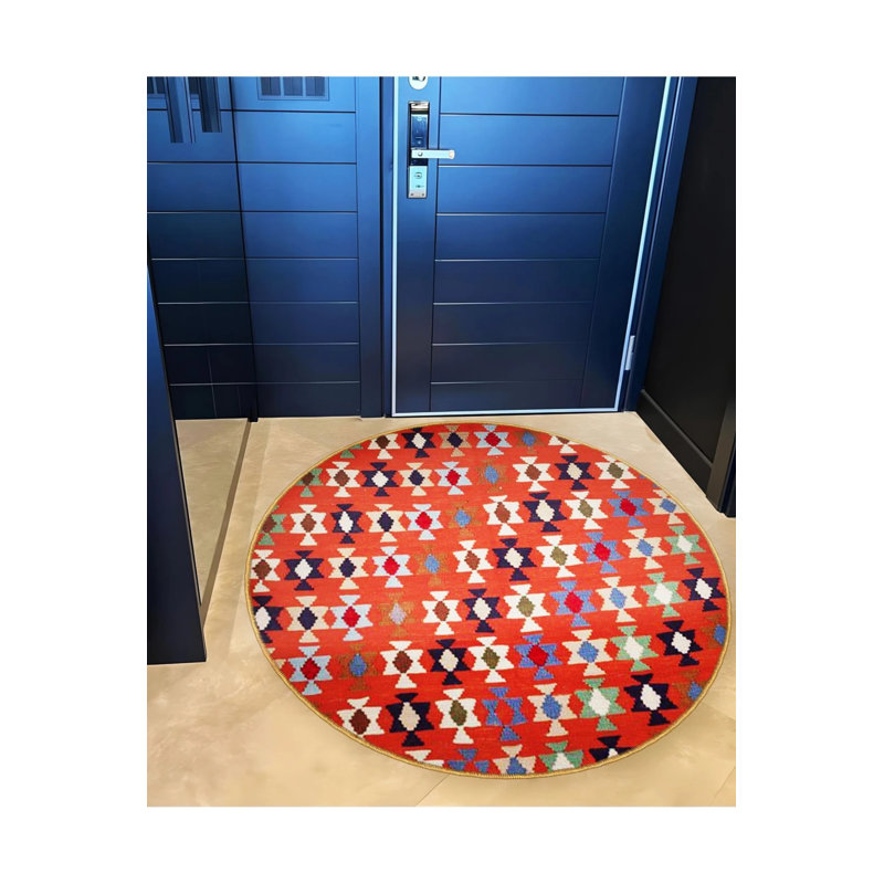 Red Themed Multicolored Ethnic Motif Patterned Round Woven Base Vintage Decorative Carpet, Round 2'8"