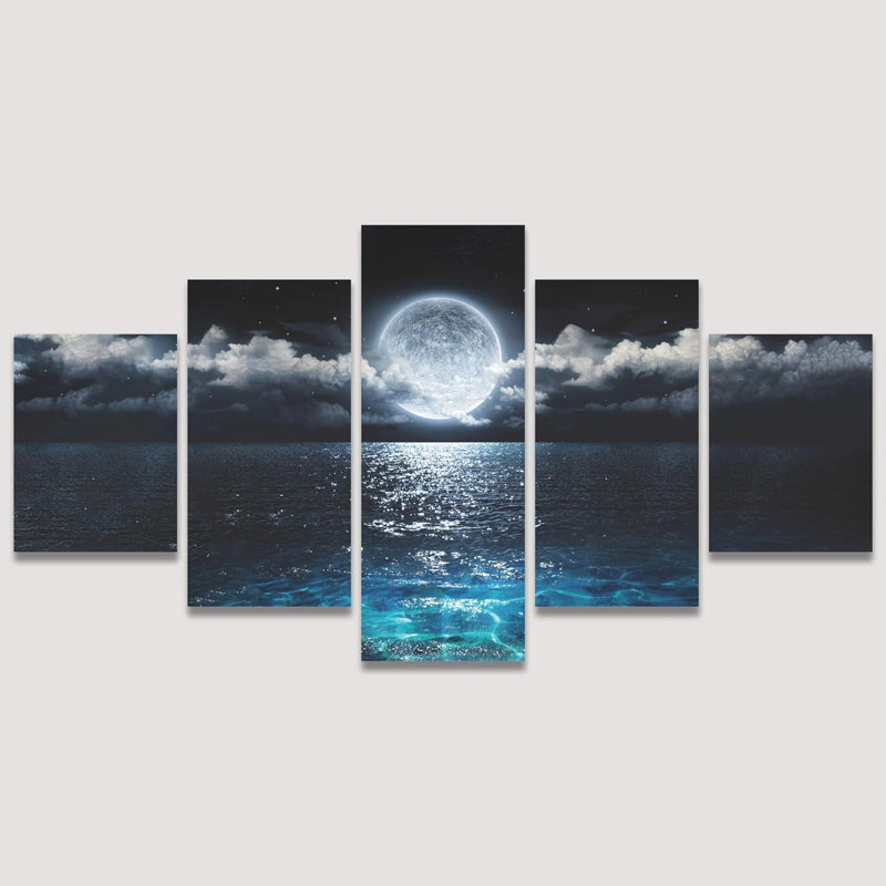 Fantaisie, lune, transparent, mer, plantes abstraites, illustrations, impressionnisme, multicolore moderne, ensemble de 5 pièces sur toile
