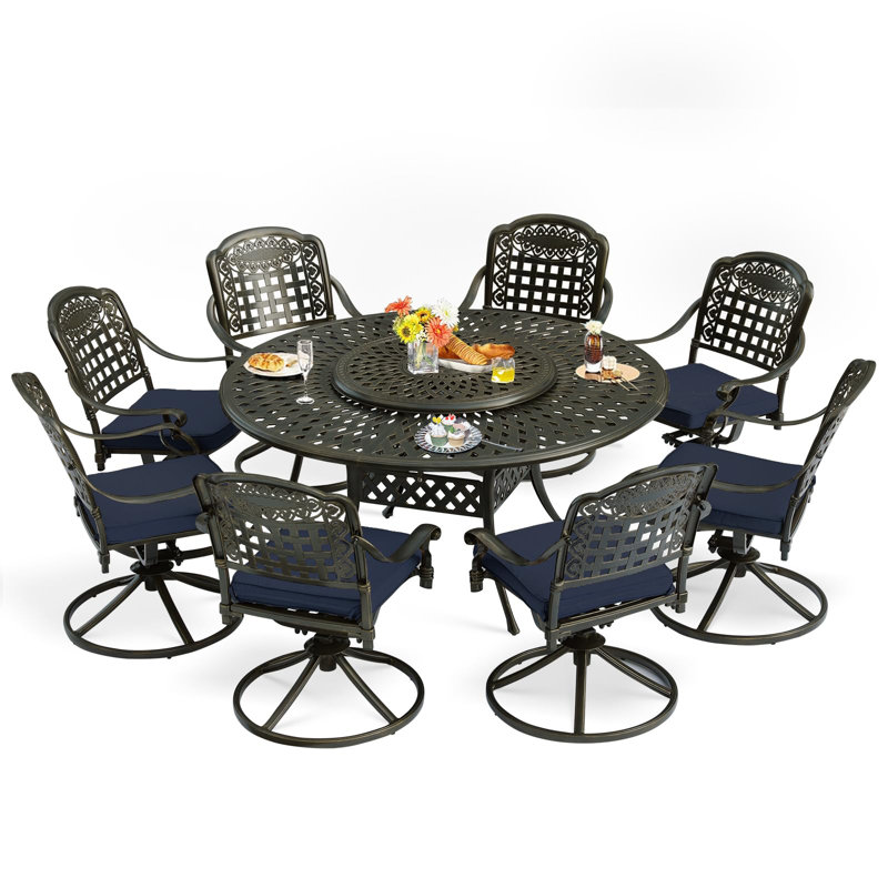 Ensemble de salle à manger d'extérieur rond de L 61 po pour 8 personnes, Bleu marine
