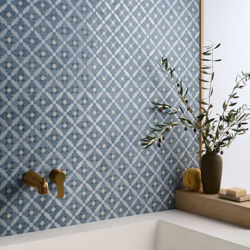 Cantico Safi Mixed Finish Lava Stone And Cement Mosaic Tile, River Blue