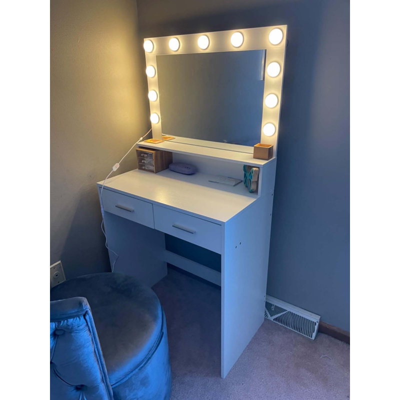 Vanity Desk With Mirror And Lights,Dressing Table With Large Drawer,2 Level Storage Dresser & 3 Lighting Modes Adjustable Brightness,Suitable For Bedroom