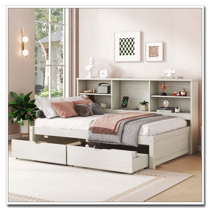 Wood Storage Daybed Frame With Side Bookshelves, Two Drawers, And Built-in USB Port, Creamy White