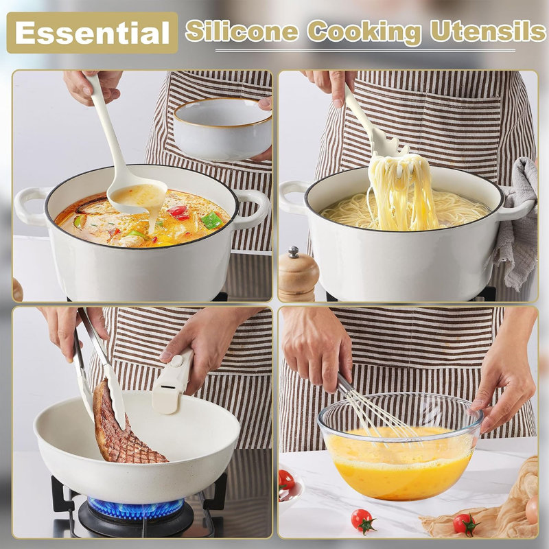 14 PCS Silicone Cooking Utensil Set, Kitchen Utensils Set, Cream White