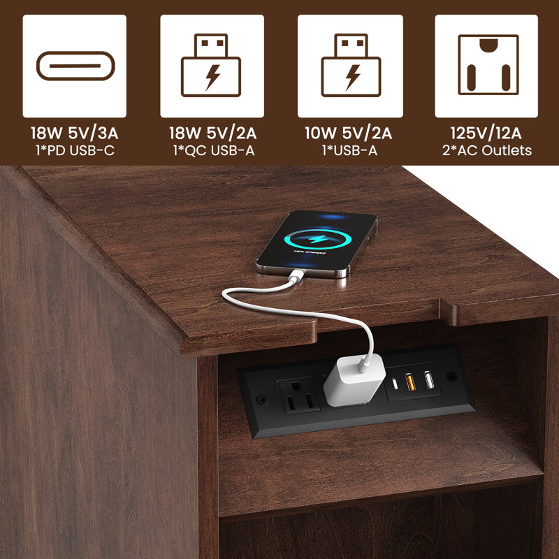 End Table with Storage and Built-In Outlets for Living Room,3 Drawer Nightstand for Bedroom,Office, Cherry