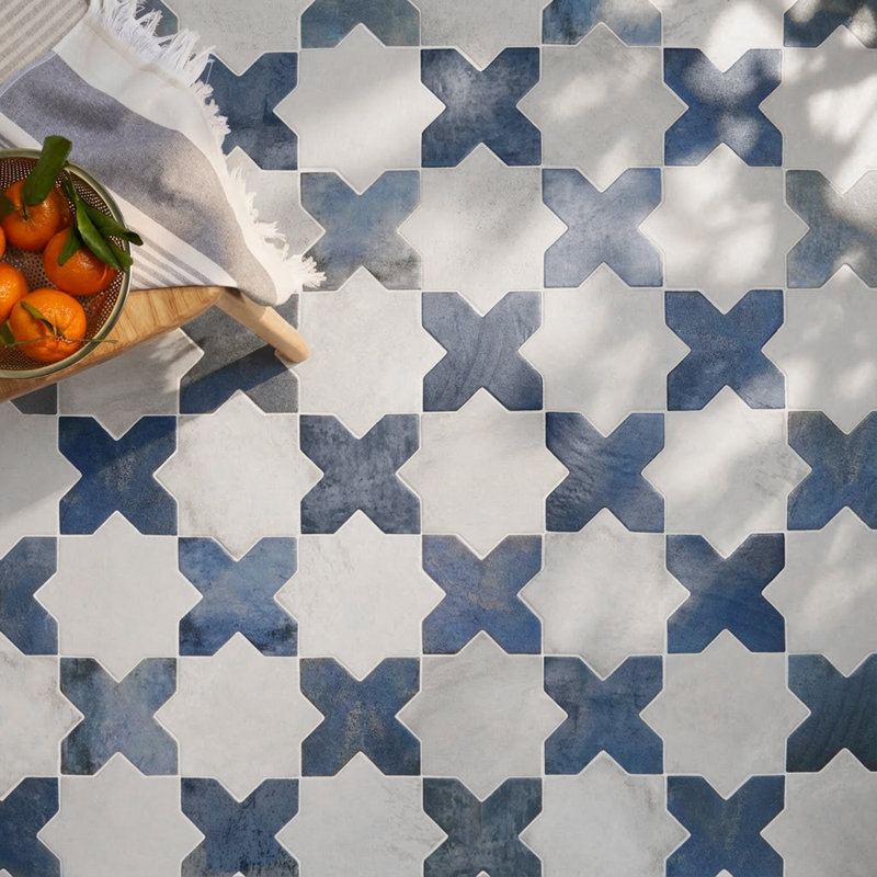 Parma Star-Crossed 6x6 Matte Terracotta Look Porcelain Floor and Wall Tile, White/Blue