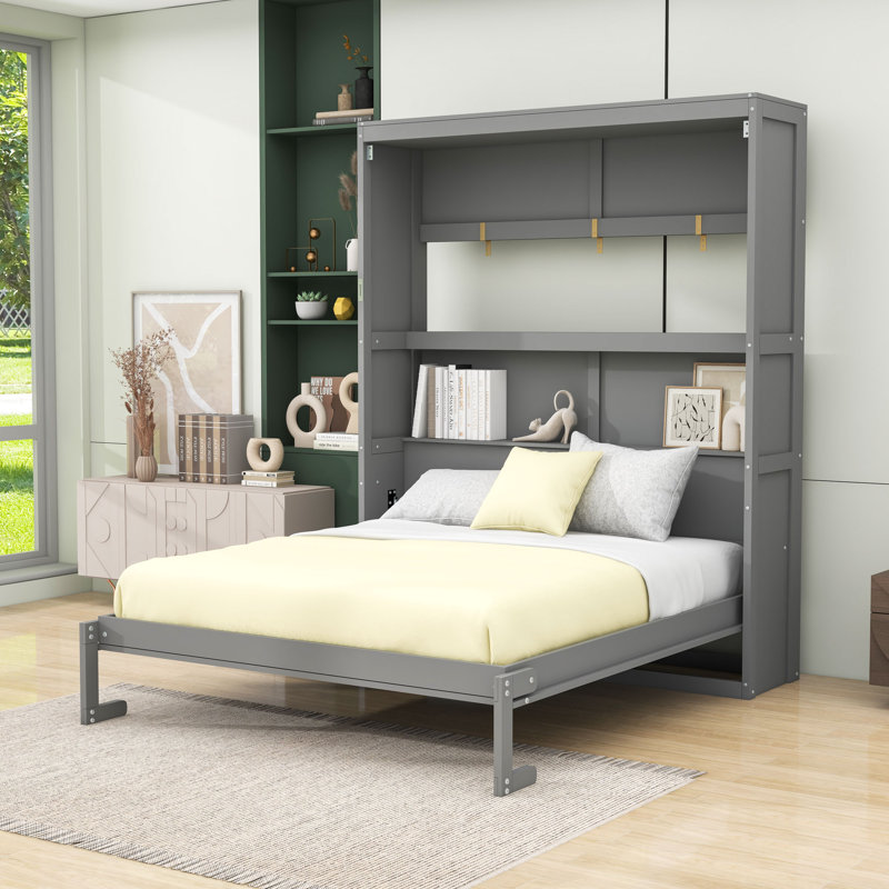 Grand lit escamotable mural en bois avec lattes et tablettes de rangement